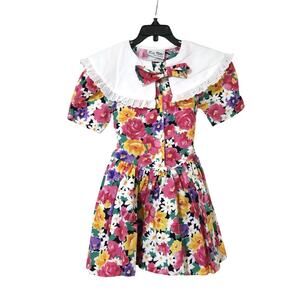Vintage Eve Too Pink Yellow Floral Puff Sleeve Dress Girls 6 Boho Cottagecore